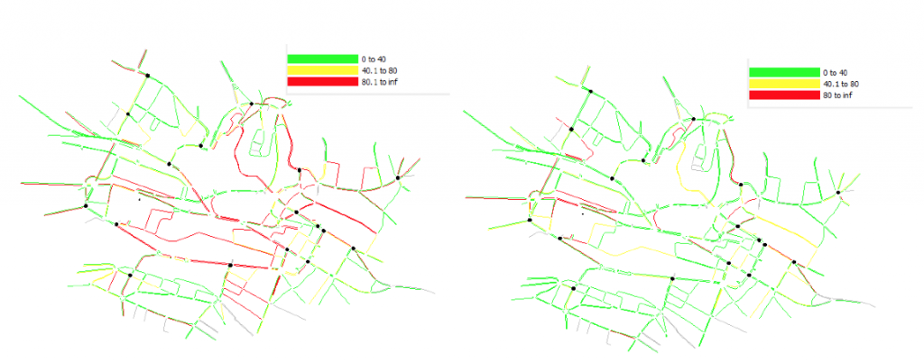 A la izquierda el promedio en la duración de trayectos inicial en la ciudad suiza de Lausana; a la derecha el resultado según la configuración propuesta por el nuevo software desarrollado por los investigadores del MIT Carolina Osorio y Linsen Chong
